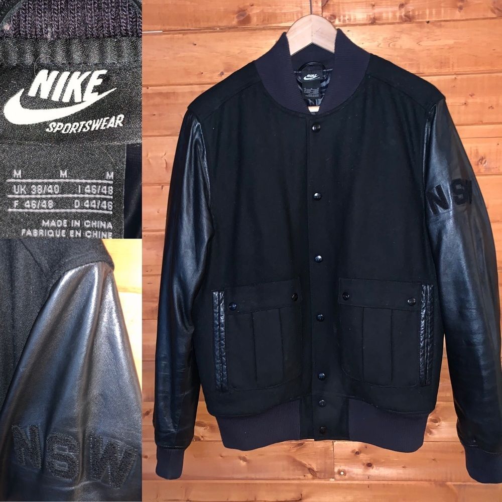Nike Sportswear NSW Destroyer Varsity Bomber Jacket Wool Leather Black M